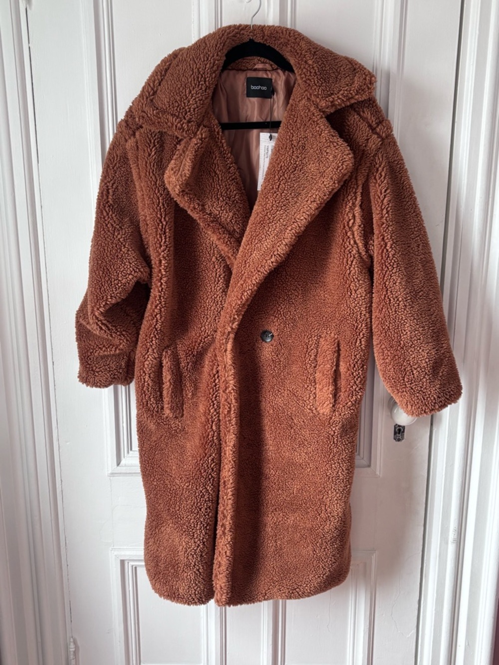 Women’s NWT Boohoo Brown Oversized Teddy Faux Fur Coat Button Front